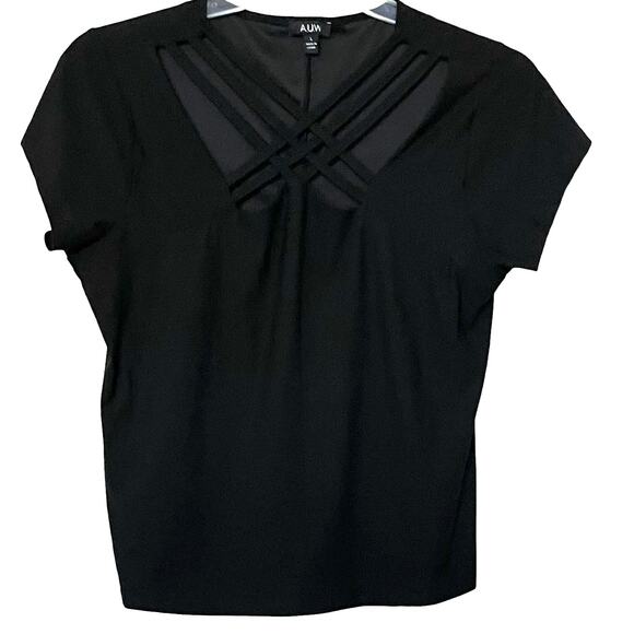 A.U.W. SHORT SLV, PULL-OVER, ROUND NECK W/ATTACHED BANDS, WOMENS, L, SOLID BLACK - Picture 1 of 9